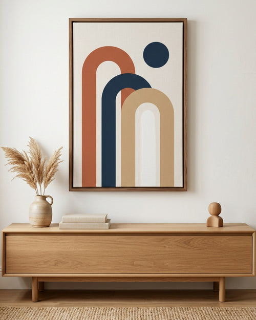 Stuep Framed Abstract Arch Canvas Wall Art 24 x 36 in Walnut Frame - Lifestyle view